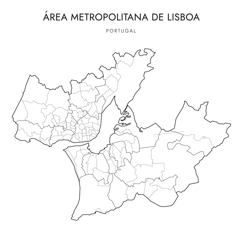 vector map of lisbon metropolitan area region (Área metropolitana de lisboa) with administrative borders of districts, municipalities (concelhos) and civil parishes (freguesias) as of 2023 portugal